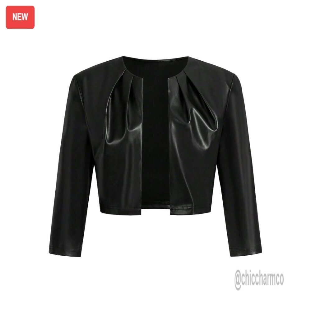 PU Leather Cropped Jacket 3/4 Sleeve Pleated Open Front Coat Chic Outerwear